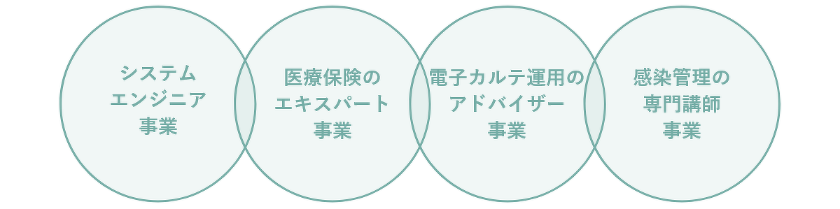 システムエンジニア事業、医療保険のエキスパート事業、電子カルテ運用のアドバイザー事業、感染管理の専門講師事業